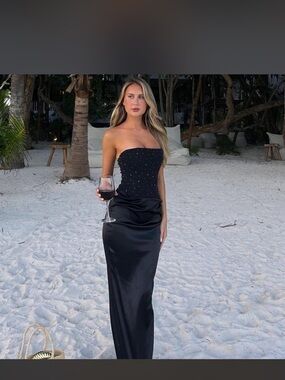 OUTCAST Strapless Black Maxi Dress with Embellished Bodice